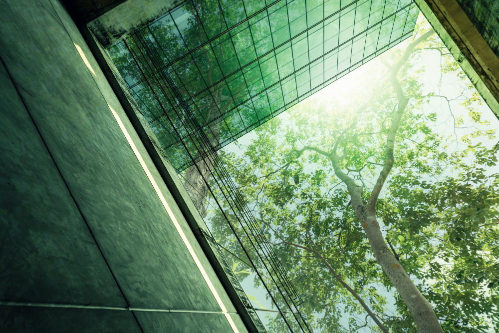 bioedilizia sostenibile edificio ecologico nella citta moderna edificio per uffici in vetro sostenibile